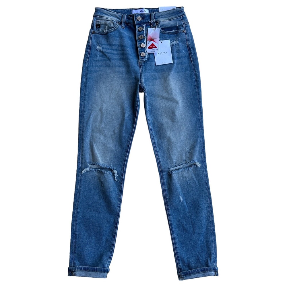 KanCan Jeans Women 26x29 Inch Relax Fit Denim High Rise Button‎ Fly Distress NWT